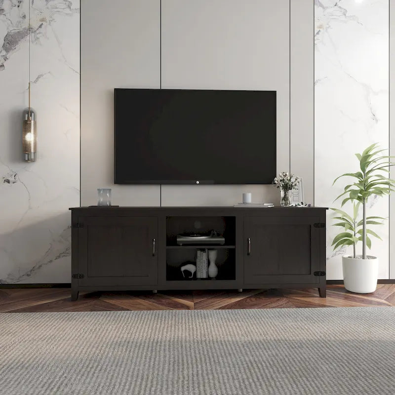 Black 70.08" TV Stand with Doors & Open Compartments for TVs Up to 60"