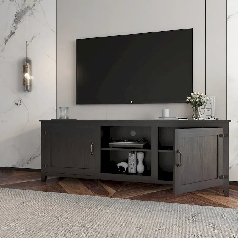 Black 70.08" TV Stand with Doors & Open Compartments for TVs Up to 60"