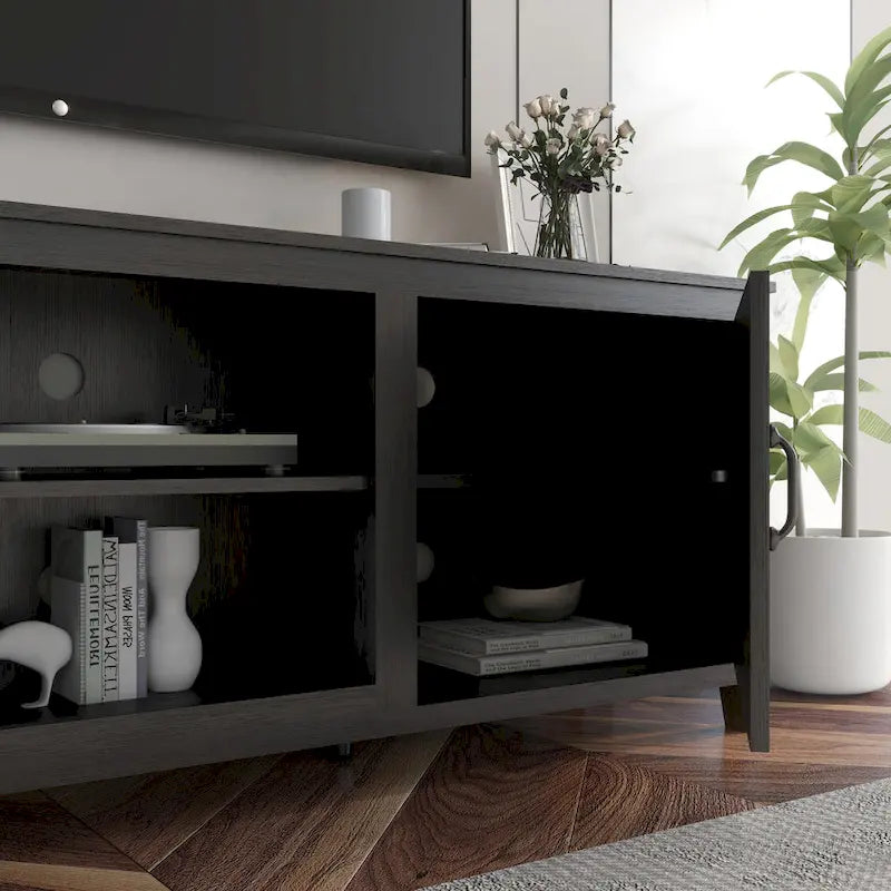 Black 70.08" TV Stand with Doors & Open Compartments for TVs Up to 60"