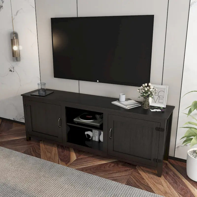 Black 70.08" TV Stand with Doors & Open Compartments for TVs Up to 60"