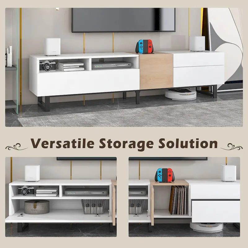 White+Natural 70.9 TV Stand with Storage and Drop Down Door for TVs Up to 80