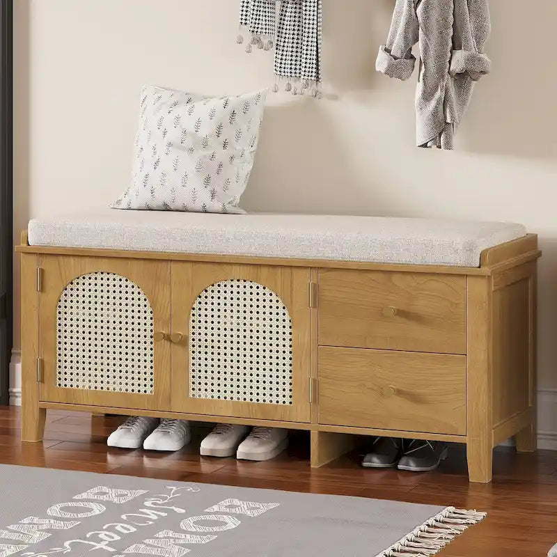Storage Bench with Cushion,2 Drawers and Rattan Doors for Entryway