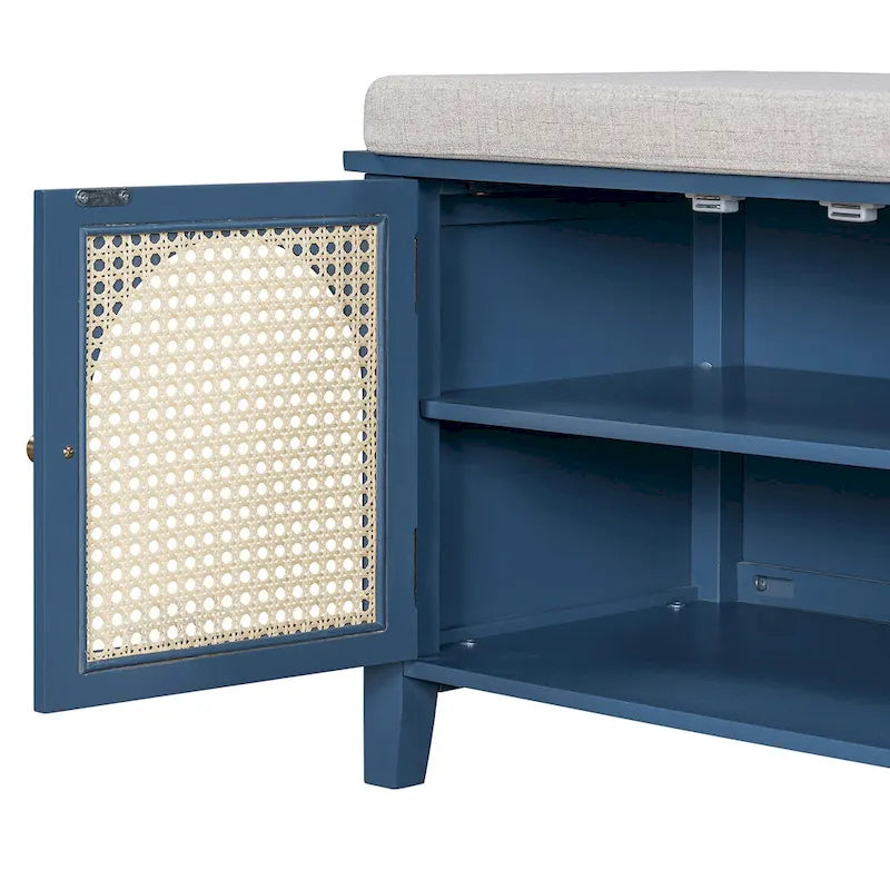 Storage Bench with Cushion,2 Drawers and Rattan Doors for Entryway