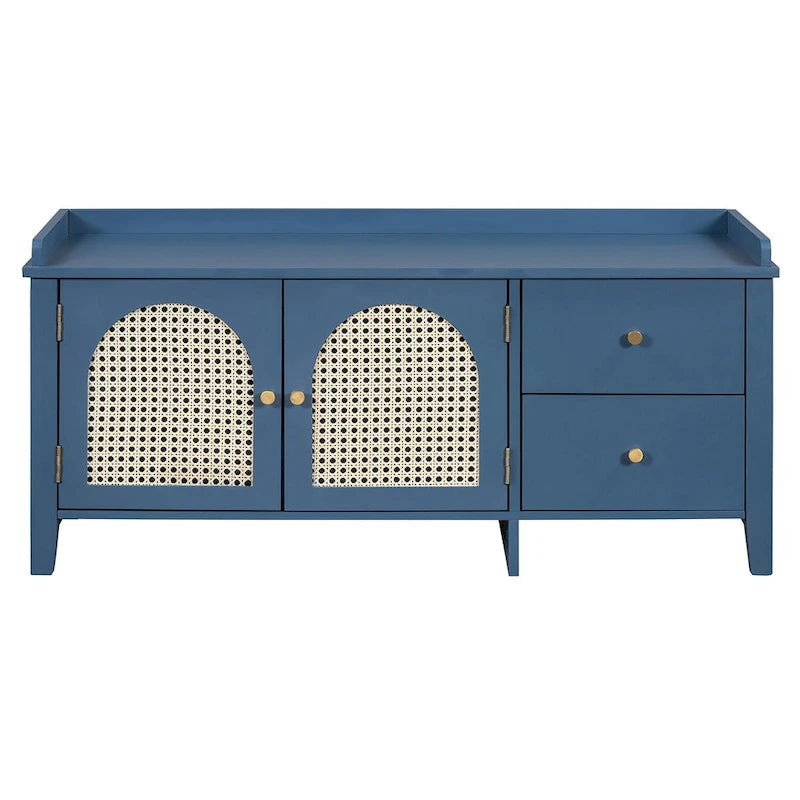 Storage Bench with Cushion,2 Drawers and Rattan Doors for Entryway