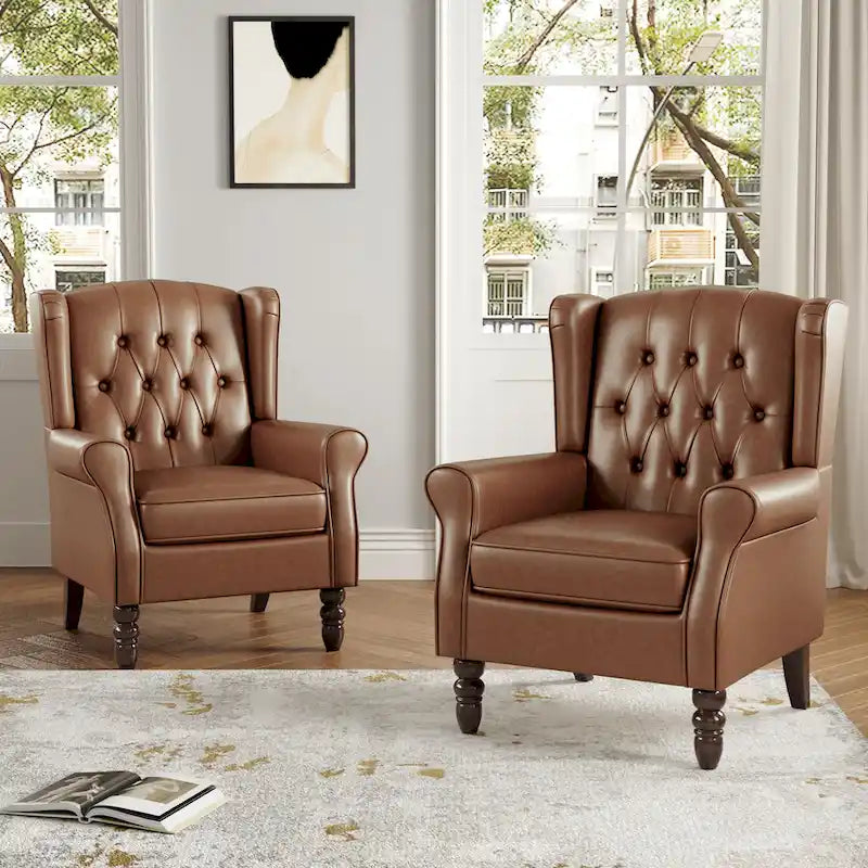 Set of 2 PU Leather Button Tufted Accent Chair