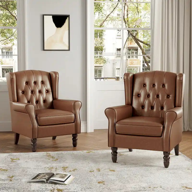 Set of 2 PU Leather Button Tufted Accent Chair