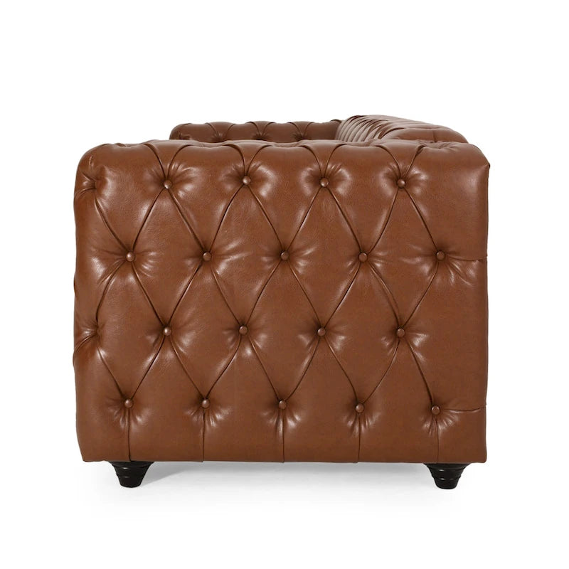 Faux Leather Button Tufted 3-seater Sofa with Wood Legs