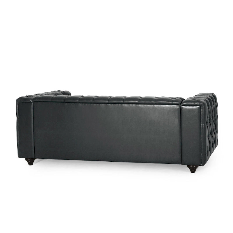 Faux Leather Button Tufted 3-seater Sofa with Wood Legs
