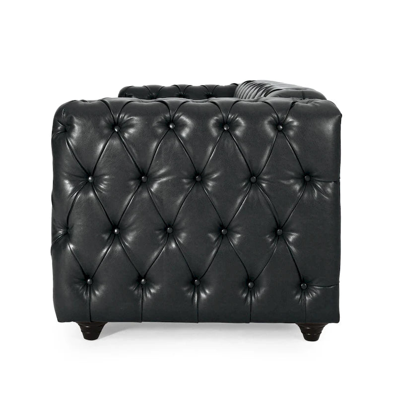 Faux Leather Button Tufted 3-seater Sofa with Wood Legs