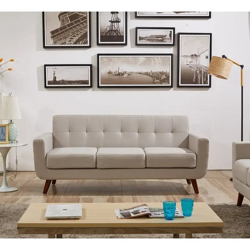 Linen-Look Upholstered Tufted Mid-century Sofa