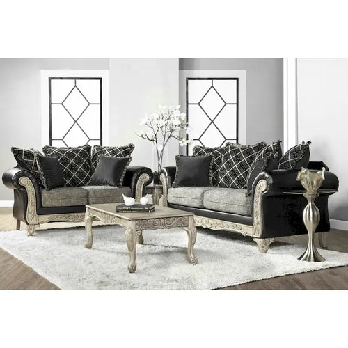   2-Tone Fabric  Frame Sofa and Loveseat with 3 Tables Set in Ebony
