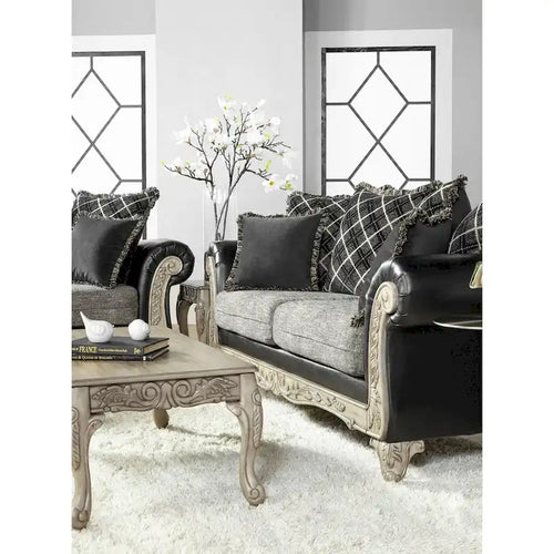 2-Tone Fabric  Frame Sofa and Loveseat with 3 Tables Set in Ebony