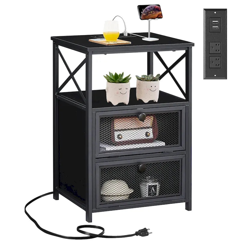 Nightstand End Table with Charging Station & 2 Flip Drawers, 2 USB Ports & 2 Power Outlet