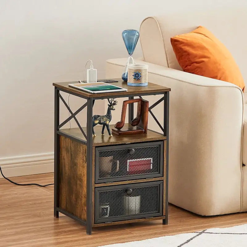 Nightstand End Table with Charging Station & 2 Flip Drawers, 2 USB Ports & 2 Power Outlet