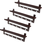 Coat Hooks Set of 4 with Shelf Wall-Mounted, Bamboo Hanging Shelf with 5 Double Metal Hooks (Dark Brown)