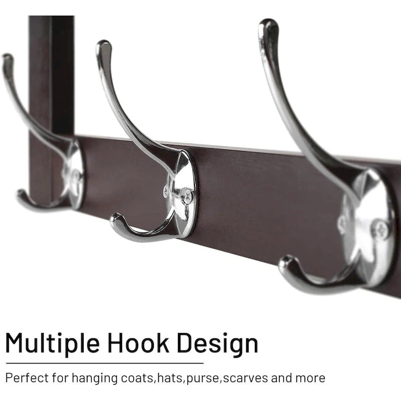 Coat Hooks Set of 4 with Shelf Wall-Mounted, Bamboo Hanging Shelf with 5 Double Metal Hooks (Dark Brown)