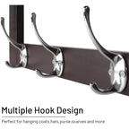 Coat Hooks Set of 4 with Shelf Wall-Mounted, Bamboo Hanging Shelf with 5 Double Metal Hooks (Dark Brown)