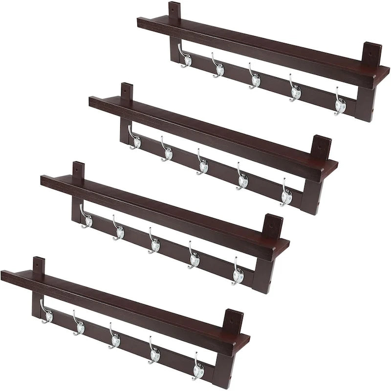 Coat Hooks Set of 4 with Shelf Wall-Mounted, Bamboo Hanging Shelf with 5 Double Metal Hooks (Dark Brown)
