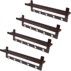 Coat Hooks Set of 4 with Shelf Wall-Mounted, Bamboo Hanging Shelf with 5 Double Metal Hooks (Dark Brown)