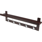 Coat Hooks Set of 4 with Shelf Wall-Mounted, Bamboo Hanging Shelf with 5 Double Metal Hooks (Dark Brown)