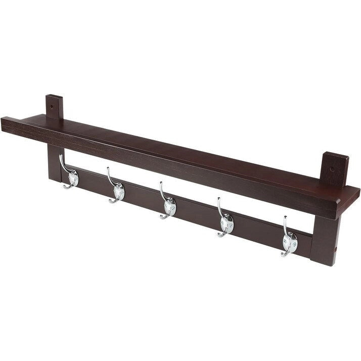 Coat Hooks Set of 4 with Shelf Wall-Mounted, Bamboo Hanging Shelf with 5 Double Metal Hooks (Dark Brown)