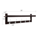 Coat Hooks Set of 4 with Shelf Wall-Mounted, Bamboo Hanging Shelf with 5 Double Metal Hooks (Dark Brown)