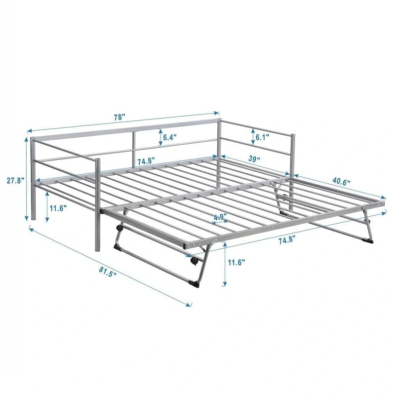 Twin Size Metal Daybed with Adjustable Trundle, Pop Up Trundle