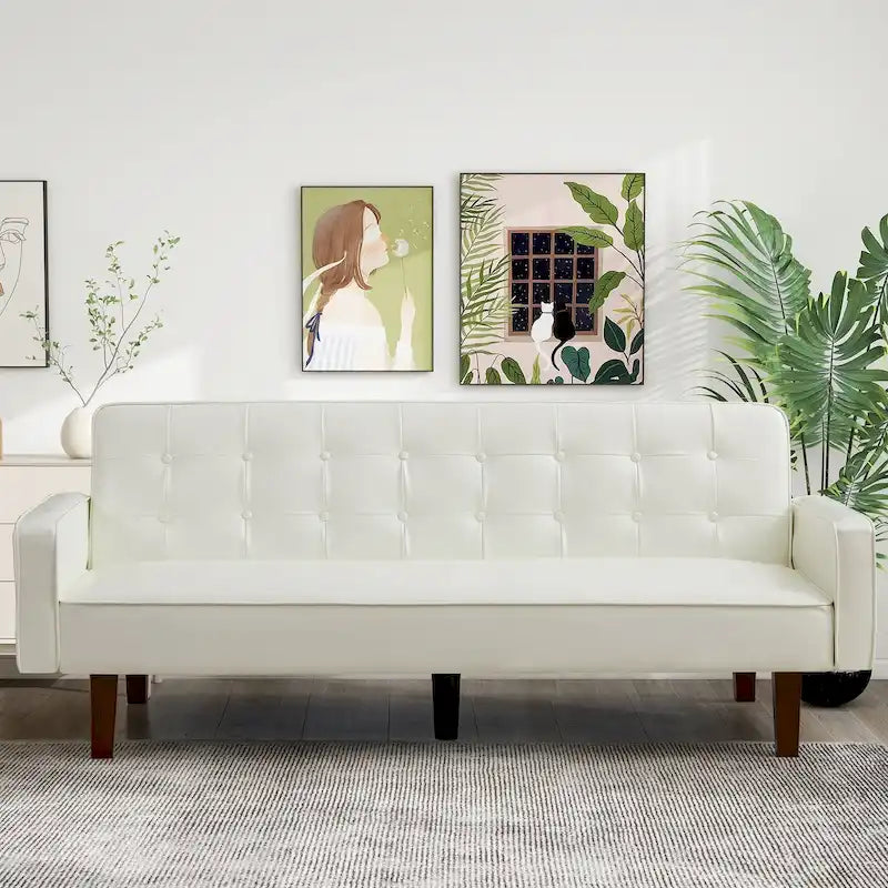 74.4 L Faux Leather Full Button Tufted Sofa 3-Seat, Convertible Sleeper Couch
