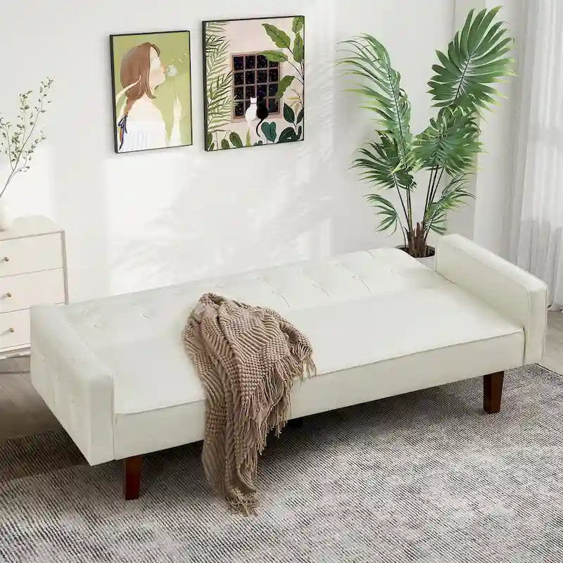 74.4 L Faux Leather Full Button Tufted Sofa 3-Seat, Convertible Sleeper Couch