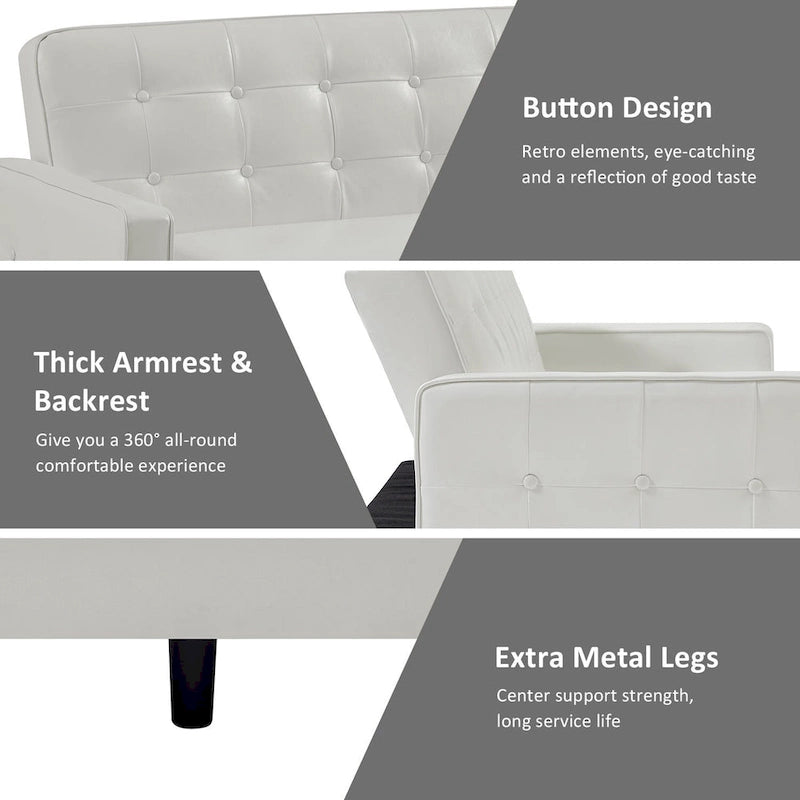 74.4 L Faux Leather Full Handcrafted Button Tufted Sofa 3-Seat, Convertible Sleeper Couch Adjustable Backrest