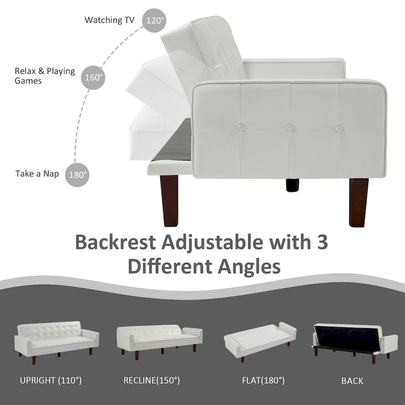 74.4 L Faux Leather Full Button Tufted Sofa 3-Seat, Convertible Sleeper Couch