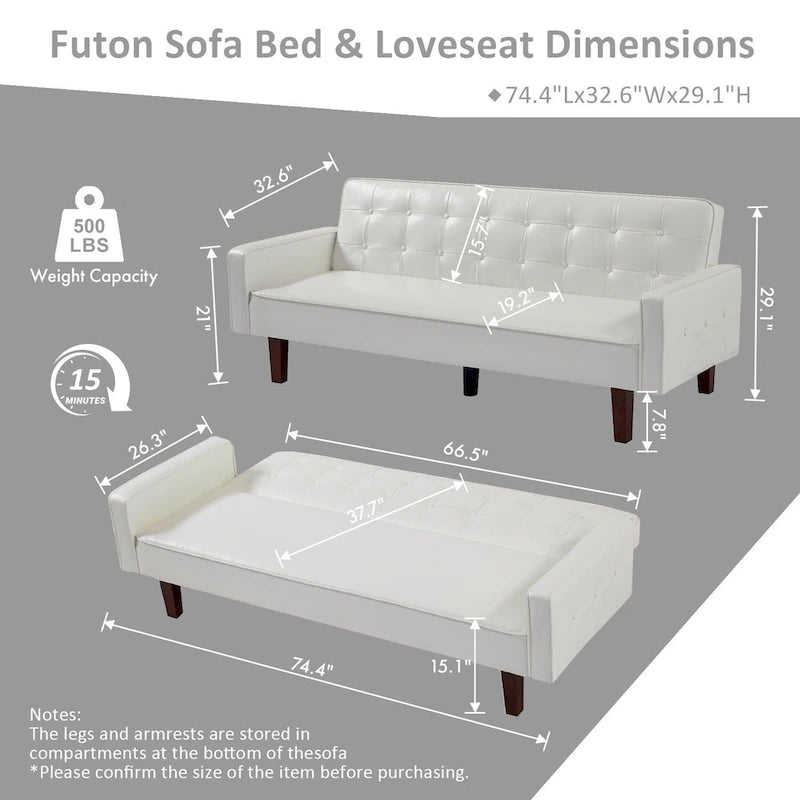 74.4 L Faux Leather Full Button Tufted Sofa 3-Seat, Convertible Sleeper Couch