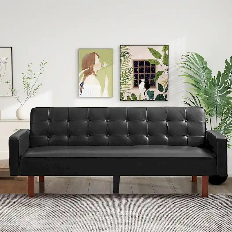 74.4 L Faux Leather Full Button Tufted Sofa 3-Seat, Convertible Sleeper Couch