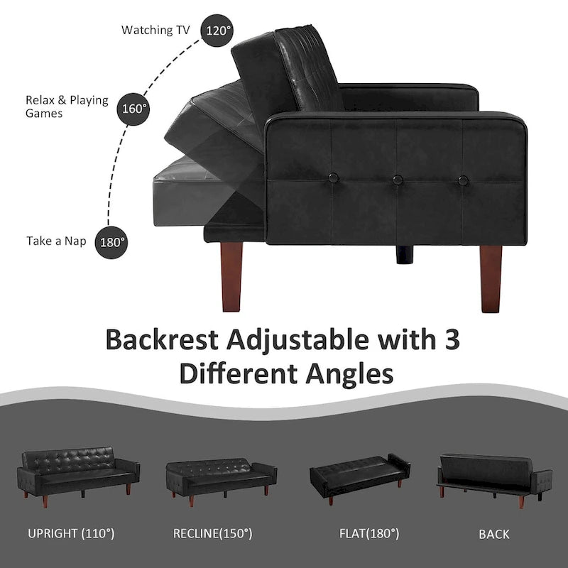 74.4 L Faux Leather Full Button Tufted Sofa 3-Seat, Convertible Sleeper Couch