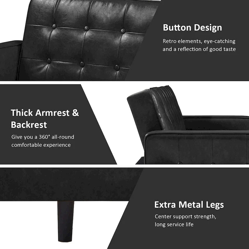 74.4 L Faux Leather Full Button Tufted Sofa 3-Seat, Convertible Sleeper Couch