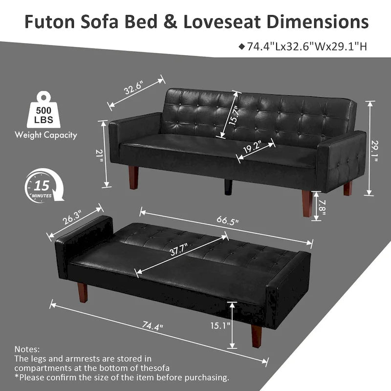 74.4 L Faux Leather Full Button Tufted Sofa 3-Seat, Convertible Sleeper Couch