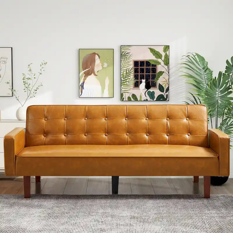 74.4 L Faux Leather Full Button Tufted Sofa 3-Seat, Convertible Sleeper Couch