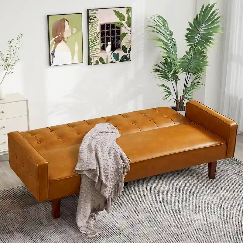 74.4 L Faux Leather Full Button Tufted Sofa 3-Seat, Convertible Sleeper Couch