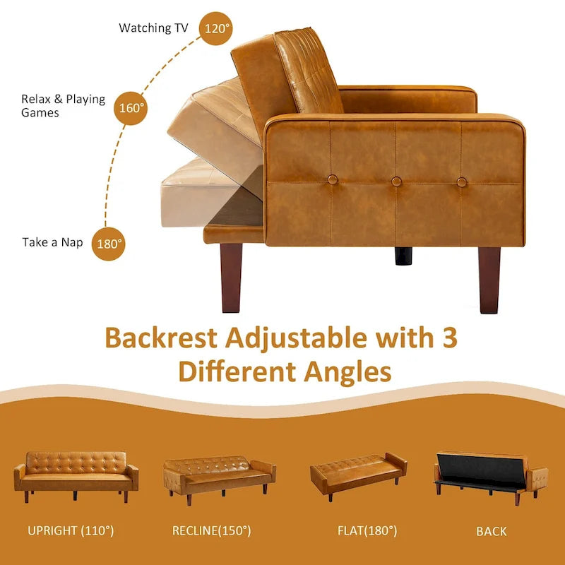74.4 L Faux Leather Full Button Tufted Sofa 3-Seat, Convertible Sleeper Couch