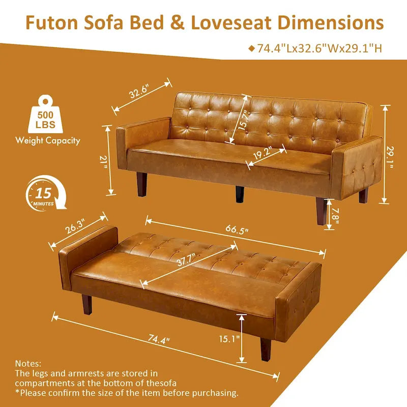74.4 L Faux Leather Full Button Tufted Sofa 3-Seat, Convertible Sleeper Couch
