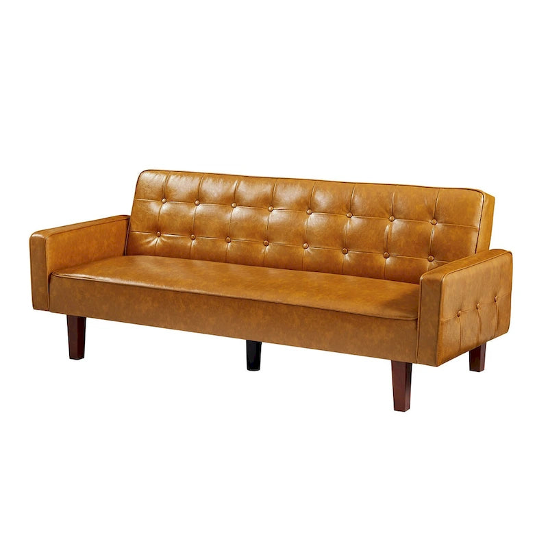 74.4 L Faux Leather Full Button Tufted Sofa 3-Seat, Convertible Sleeper Couch