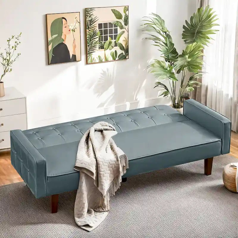 74.4 L Faux Leather Full Button Tufted Sofa 3-Seat, Convertible Sleeper Couch