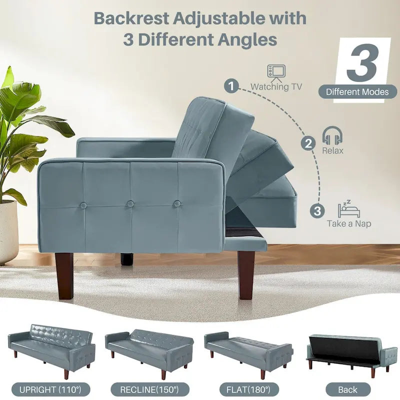 74.4 L Faux Leather Full Button Tufted Sofa 3-Seat, Convertible Sleeper Couch