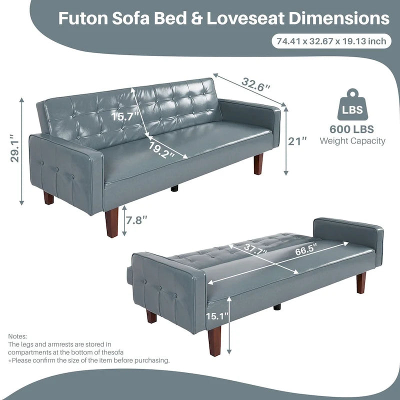 74.4 L Faux Leather Full Button Tufted Sofa 3-Seat, Convertible Sleeper Couch