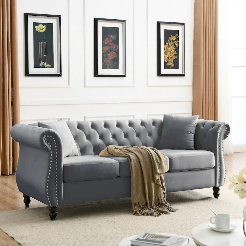 3-Seater Chesterfield Upholstered Tufted Sofa with Rolled Arms and Nailhead