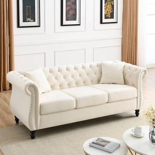 3-Seater Chesterfield Upholstered Tufted Sofa with Rolled Arms and Nailhead
