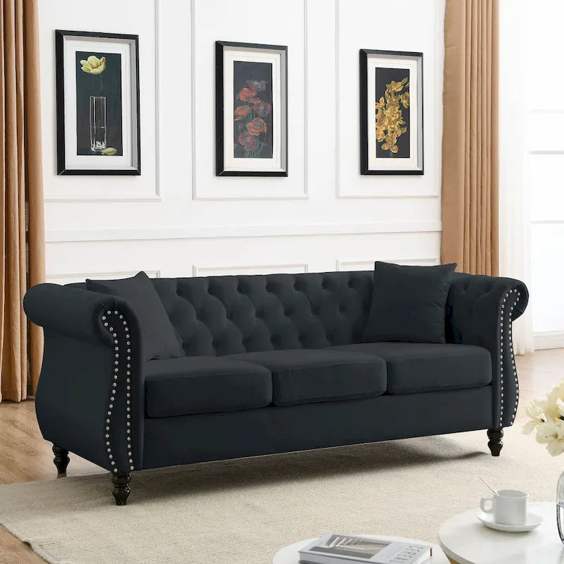 3-Seater Chesterfield Upholstered Tufted Sofa with Rolled Arms and Nailhead