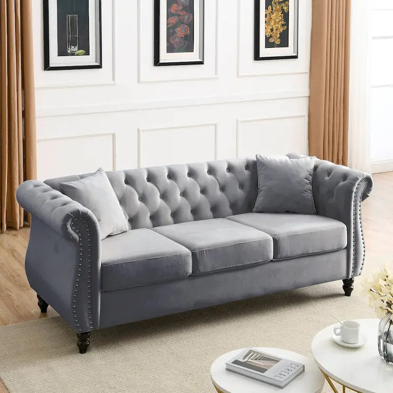 3-Seater Chesterfield Upholstered Tufted Sofa with Rolled Arms and Nailhead