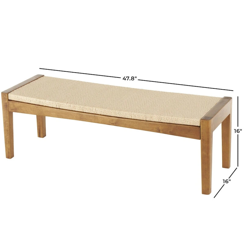 Wood Handmade Traditional Home Bench with Rope Wrapped Seat - Brown -